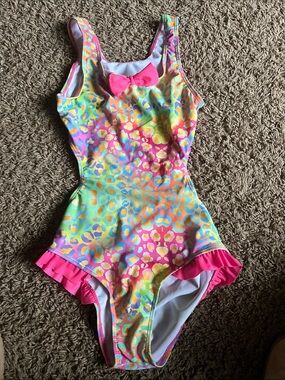 Girls' Multi-Color Leopard One-Piece Swimsuit with Pink Bow and Ruffle